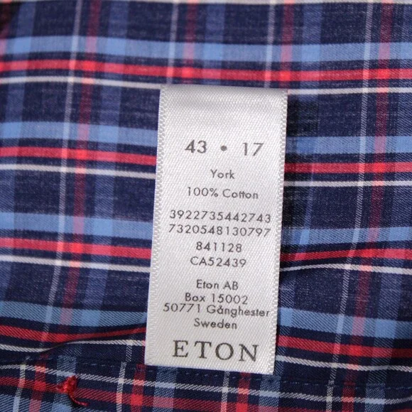 Eton NWT Dress Shirt Size 43 17 Slim Fit in Blue & Red Plaid 100% Cotton